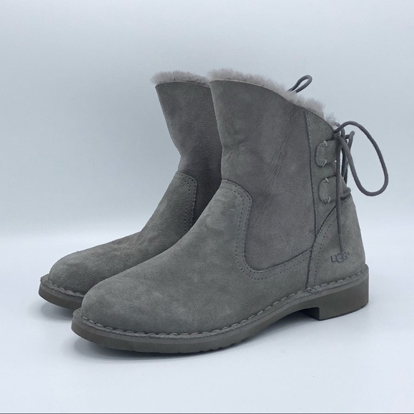 UGG NWO BOX Naiyah lace-back genuine shearling boot GREY - Picture 1 of 10